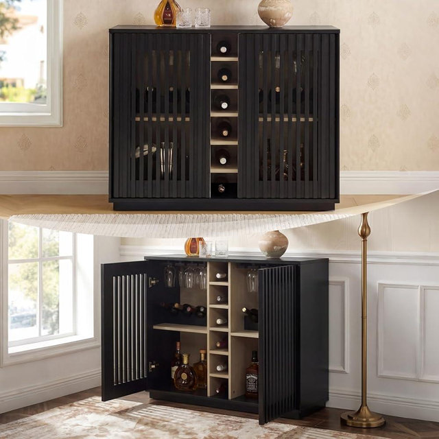 healthomse Modern Wine Bar Cabinet, Buffet Cabinet with Storage, Buffet Cabinet with Wine Glass Holder & Wine Rack, for Living Room, Entryway, Hallway, Dining Room, Kitchen (Black)