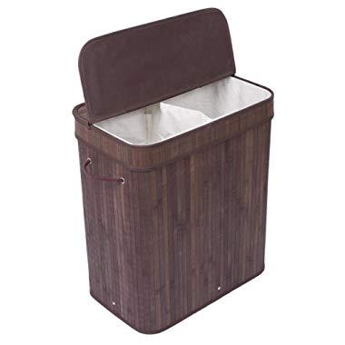 BIRDROCK HOME Double Laundry Hamper with Lid and Cloth Liner - Bamboo - Espresso - Easily Transport Laundry Basket - 2 Section Collapsible Hamper - String Handles