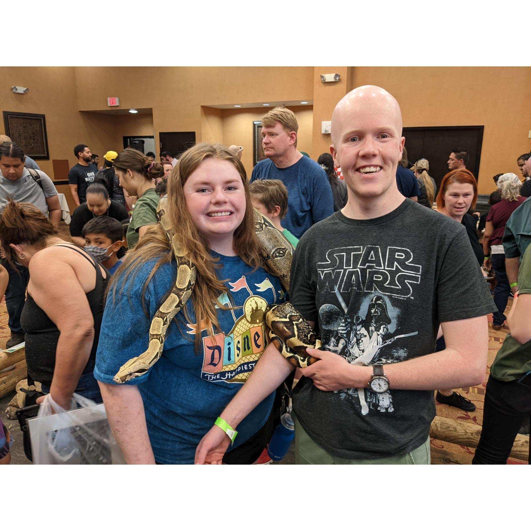 Sarah coerced James to take her to a reptile expo in Spring 2022 (not pictured is the baby alligator they got to pet)