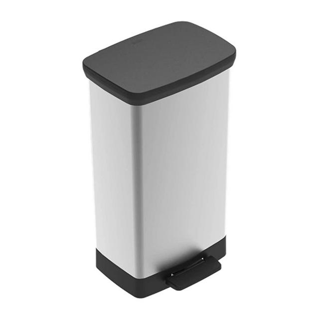 Curver Deco 50 Liter / 13 Gallon Tall Plastic Kitchen Trash Can with Foot Pedal and Bag Holder and Lid - Perfect for Household Use Indoor for Garbage Disposal, Recycling , Black/Silver