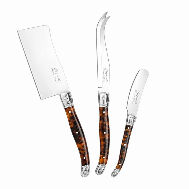 Laguiole Cheese Knife Set of 3 – Stainless Steel Cheese Knives Set – Cheese Spreader, Spear & Cleaver Knife – Luxurious Charcuterie Accessories for Parties (3-Piece, Faux Ivory) (Tortoise Shell)
