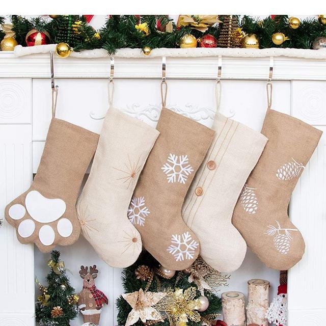 GEX Burlap Christmas Stockings Linen Large Original Stockings for Family Pets Decor Hanging Ornament Holiday Fireplace Decorations Gift(5 Pack)
