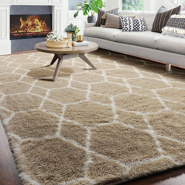 ONASAR Living Room Area Rug 6x9, Large Beige Geometric Rugs Floor Mat for Bedroom Home Decor Aesthetic, Soft Fuzzy Shaggy Plush Fluffy Moroccan Carpet for Teen Nursery Dorm Classroom Office