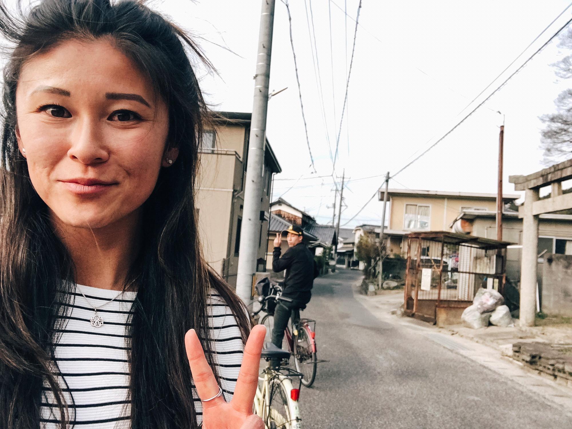Riding around a tiny town in Japan. We got lost, but a nice Japanese couple helped us find the tiny train station home.