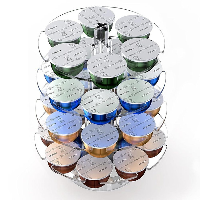 Genew Coffee Pods Holder Acrylic Carousel Stand Compatible with 28 Nespresso Vertuo Capsules And Dolce Gusto Capsules Storage Organizer for Small Countertop