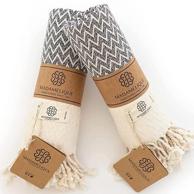 Madamelique Exclusive Hand Towels Set of 2 - 18 x 40 Inches - Decorative Bathroom Peshtemal Towel for Hand, Face, Hair, Yoga, Tea, Dishcloth, Kitchen and Bath - 100% Pure Cotton (Vintage Gray)