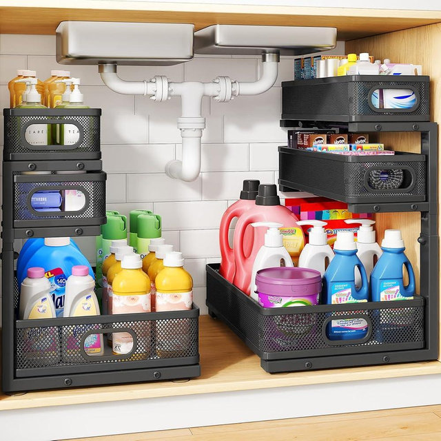 Under Sink Organizer, 2-Pack 3-Tier Thickened Metal Pull out Cabinet Organizer Shelf, Height Adjustable Slide out Storage Drawer Rack for Kitchen Bathroom Pantry Laundry Home Office Organization