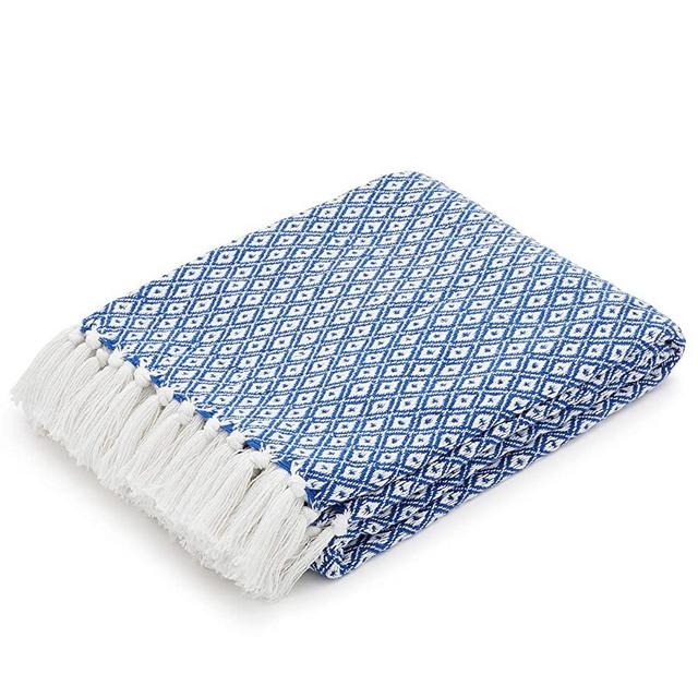 Americanflat Omala Throw Blanket in Blue and White Mini Diamond - 100% Cotton with Fringe - 50" x 60"