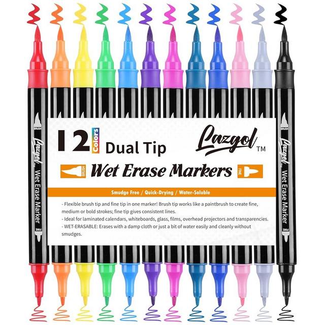 Wet Erase Markers Dual Tip, Lazgol 12 Assorted Colors, Dual Tip Brush & Fine Overhead Transparency Smudge Free Markers for Dry Erase Whiteboard, Refrigerator Calendars, Glass, Films and Any Kind of