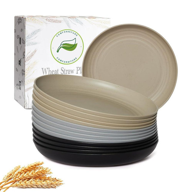 Wheat Straw Plates, Unbreakable Dinner Plates Set of 12, Dishwasher & Microwave Safe Plastic Plates Reusable, Lightweight Plates for kitchen (Simplicity, 10 IN)