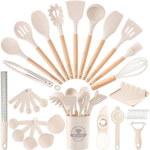 Astercook Kitchen Utensils set, 39 PCS Silicone Cooking Utensils Set with Wooden Handle, 446°F Heat Resistant Food Grade Utensil Sets, BPA Free Kitchen Gadgets Tools Set for Nonstick Cookware (Cream)