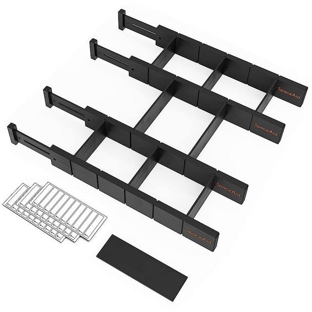 SpaceAid Bamboo Drawer Dividers with Inserts and Labels, Kitchen Adjustable Drawer Organizers, Expandable Organization for Home, Office, Dressers, 4 Dividers with 9 Inserts (17-22 in), Black