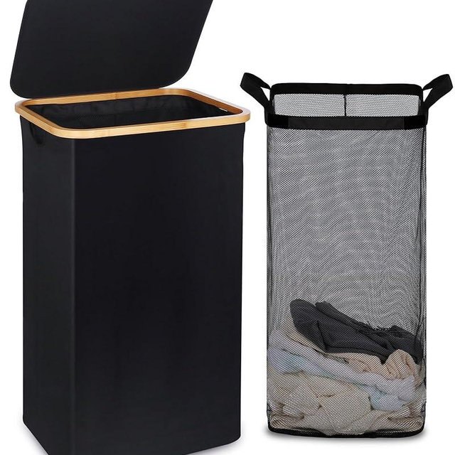 efluky Laundry Basket with Lid and Removable Bag, 100L Tall Laundry Hamper with Bamboo Handles, Aesthetic Dirty Clothes Bin for Laundry Room, Bathroom, Bedroom and Dorm, Black