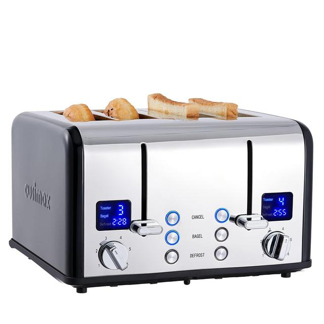 CUSIMAX 4 Slice Toaster, Ultra-Clear LED Display Extra Wide Slots, Stainless Steel Toaster with Dual Control Panels of 6 Shade Settings, Cancel/Bagel/Defrost Function, Removable Crumb Trays, Black