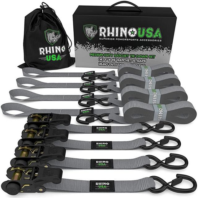 RHINO USA Ratchet Tie Down Straps (4PK) - 1,823lb Guaranteed Max Break Strength, Includes (4) Premium 1" x 15' Rachet Tie Downs with Padded Handles. Best for Moving, Securing Cargo (Gray 4-Pack)