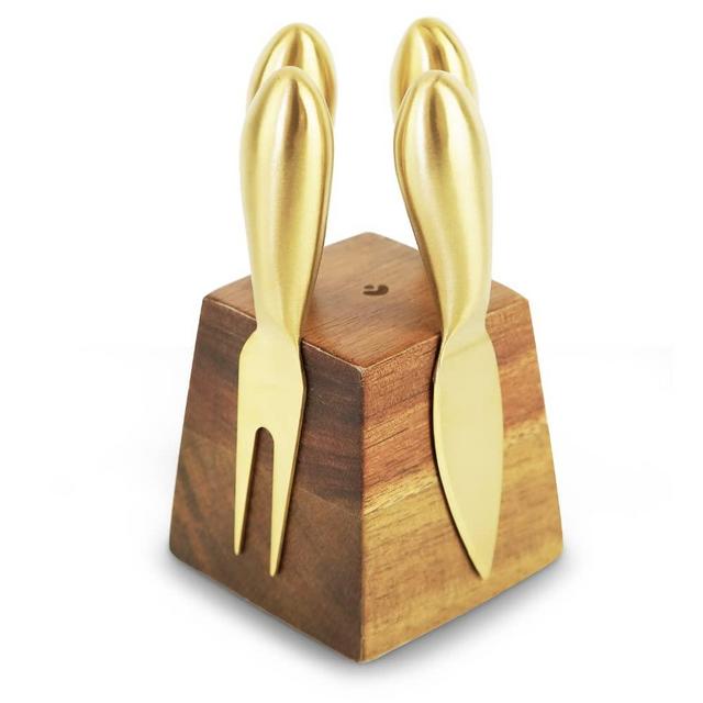 Slice of Goodness Cheese Knife Set for Charcuterie - 4 Small Stainless Steel Cheese Knives and Fork with Magnetic Acacia Wood Holder - Modern Charcuterie Board Accessories - Brass Gold