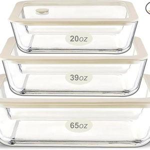 Glass Food Container Set with Glass Lid, 3 Pack