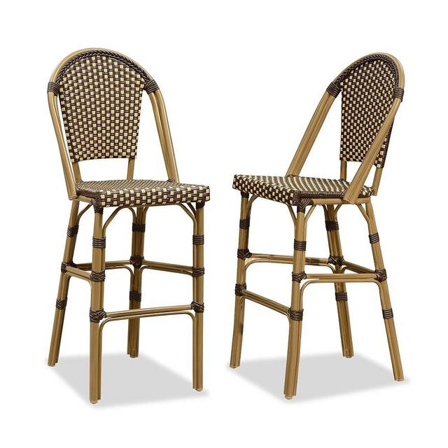 PURPLE LEAF French Bar Stool Set of 2 Bamboo Print Finish Patio Bar Stools with Back Rattan Bar Chairs Wicker Bar Height Stool 30" with Footrest Kitchen Island Stools Outdoor Barstool Brown