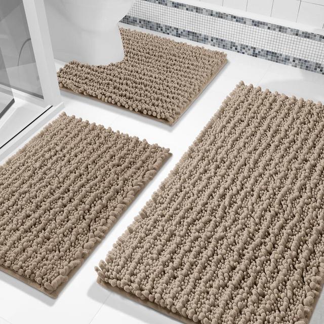 Yimobra Bathroom Rugs Sets 3 Piece, Fluffy Plush Chenille Baht Room Mats Sets with Toilet Rug U Shaped, Soft Shaggy Absorbent Non Slip Shower Rug for Sink, Laundry Room Mat, Machine Washable, Camel