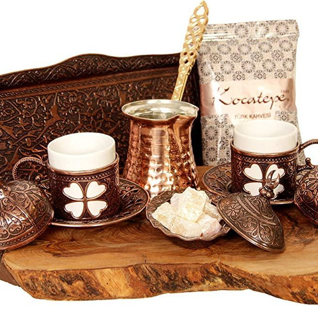Turkish Luxury Ottoman Coffee & Espresso Set of 2 with Copper Coffee Pot and Kocatepe Turkish Coffee, Traditional Stylish Design, 13 Pieces (Antique Brown)