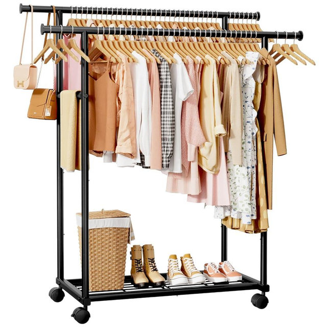 Sakugi Double Rods Clothes Rack - Metal Clothing Rack with Fixed Double Rods, Rolling Wheels & Built-In Shelf for Closet, Bedroom, Laundry Storage (39" x 17" x 60", Black)
