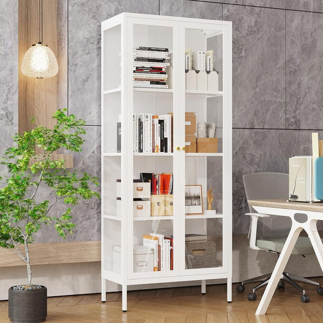 UNICOLY Display Cabinet with Glass Doors, Glass Display Cabinet 4-Tier,Curio Display Cabinet with Tempered Glass Doors,Metal Storage Cabinet for Bedroom, Living Room,Dining Room.White