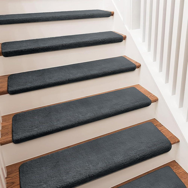 PURE ERA Carpet Stair Treads Ultra Plush 9.5" X 30"Soft Bullnose Indoor Stair Protectors Pet-Friendly Non-Slip Skid Resistant Tape Free Washable Reusable(14 Pieces,Dark Gray)
