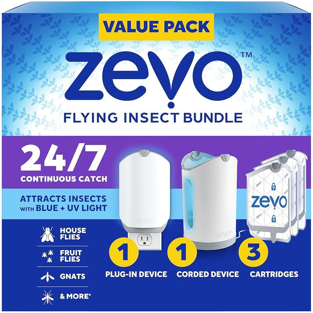 Zevo MAX Bug Catcher & Fly Trap for Indoors - Flying Insect Trap for Gnats, House & Fruit Flies - Use in Any Room - No-Mess Disposal (2 Plug in Bases & 3 Cartridges)