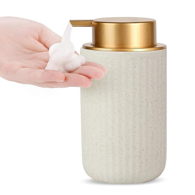 Sylfu Ceramic Hand Foaming Soap Dispenser - 350ml Hand Foaming Pump Soap Dispenser for Hand Wash Beige Ceramic Dish Liquid Foam Dispenser for Kitchen Bathroom