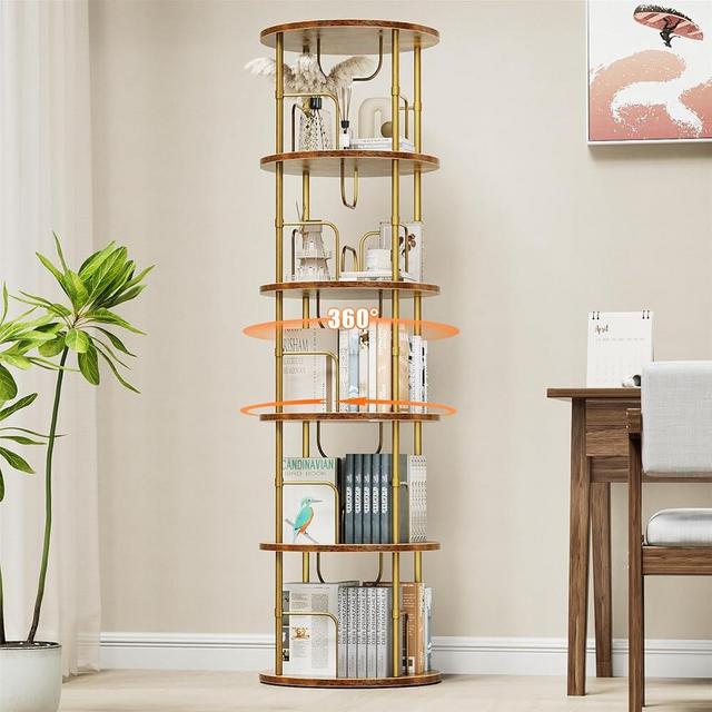 ALLSTAND 5 Tier Rotating Bookshelf, 360 ° Display Stackable Spinning Bookshelf Tower, Narrow Space Saving Tall Floor Standing Swivel Bookcase Corner Storage Organizer for Bedroom, Living Room, Gold