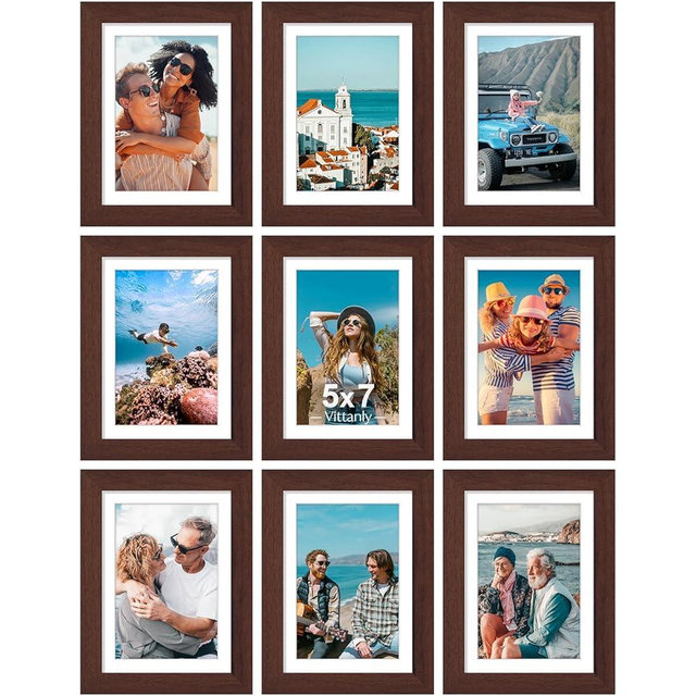 Vittanly 5x7 Picture Frames Set of 9, Shatter Resistant Plexiglass, Display 4x6 Pictures with Mat or 5x7 without Mat, Photo Frames for Wall or Tabletop, Engineered Wood, Walnut