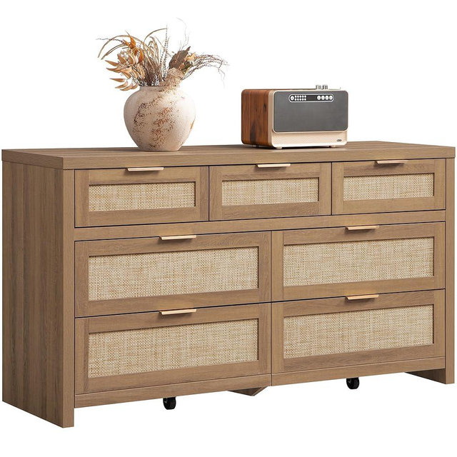 SICOTAS 7 Drawer Dresser for Bedroom, 57" Wide Rattan Dressers for Nursery, Living Room TV Stand, Boho Closet Organizer Chests of Drawer, Clothes Storage Chest (Reclaimed Caramel Oak, 1 Piece)