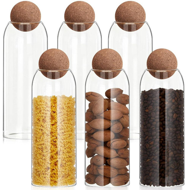 Suclain 6 Pcs Glass Storage Container with Ball Cork Glass Jar with Cork Lid Coffee Jars Cute Containers for Food Coffee Bean Candy Nut Storage(1200ml/40oz)