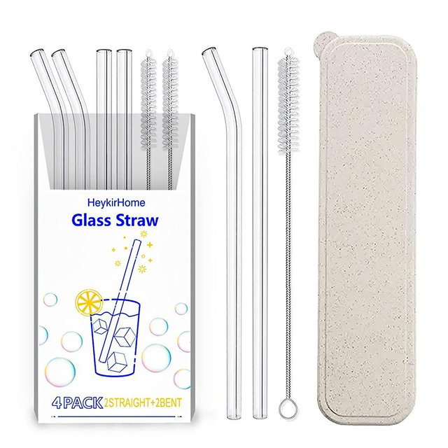 HeykirHome 4-Pack Reusable Glass Straw with Travel Case,Size 8.5''x10 MM,Including 2 Straight and 2 Bent with 2 Cleaning Brush- Perfect For Smoothies, Tea, Juice