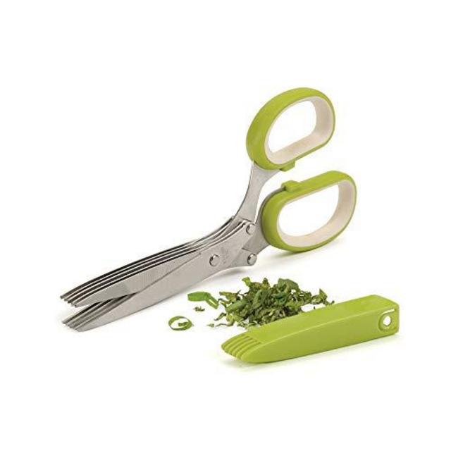 RSVP International (SNIP) Stainless Steel 5 Blade Herb Scissors, Green/White | Cut, Chop, Mince & Snip Herbs | Easy & Safe to Store | Use with Basil, Thyme, Parsley & More | Dishwasher Safe