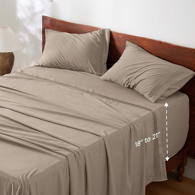 Bedsure Deep Pocket Queen Sheets Set - Fits Mattresses Up to 21" Thick, 4 Piece Air Mattress Sheets with Deep Pocket, Moisture Wicking Soft Cooling Bedding Sheets & Pillowcases, Taupe