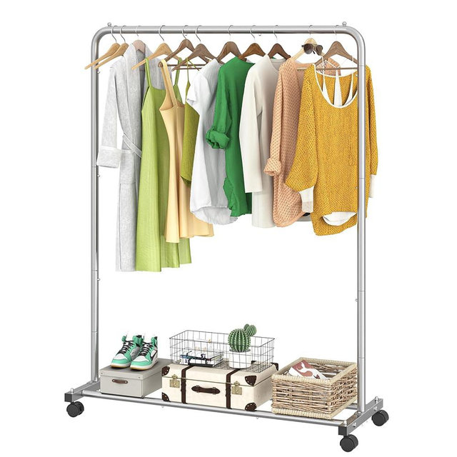 Simple Trending Standard Clothes Clothing Garment Rack with Storage Shelves, Rolling Clothes Organizer on Wheels for Hanging Clothes, Silver