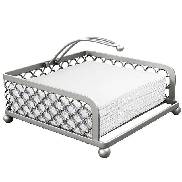 Elegant Flat Paper Napkin Holder with Dispenser Arm - Silver Napkin Holders for Table, Kitchen, Countertops & Outdoor Tables - Square Metal Lattice Basket Dinner Napkin Holder