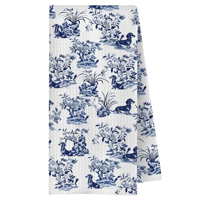 ChenCraty Chinoiserie Dachshund Kitchen Towels, Weiner Dog Gifts for Women Dish Tea Towels for Kitchen Decor, Grand Millenial Floral Dog Decorative Hand Towels for Bathroom, 16x24 Inches