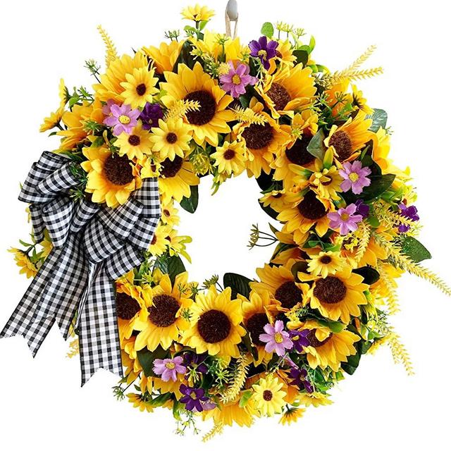 WEZEHO 18" Artificial Sunflower Wreath for Front Door, Handmade Slik Flower Wreath with Hook and Bow, Spring and Summer Door Wreath for Home Party Festival Wedding Decor
