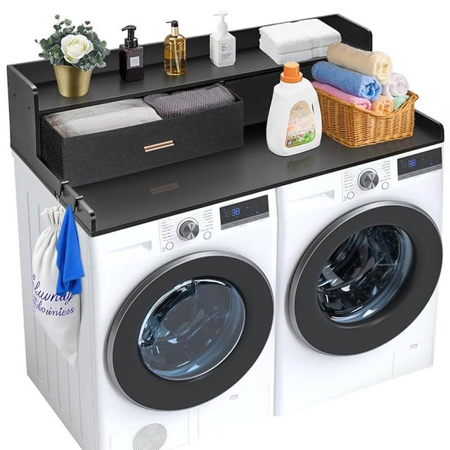 VEVOR 2 Drawers Washer Dryer Countertop with Shelf, 54" x 27" Wooden Laundry Countertop with 2 Hooks & Non-Slip Pads, Washer and Dryer Covers for The Top, Laundry Room Organization and Storage, Black