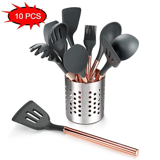 Silicone Cooking Utensils Set,Kitchen Utensil Set-10 PCS Rose Gold Stainless Steel Handle,Kitchen Utensil Set With Holder Nonstick Cookware - BPA Free-Kitchen Tool Set for Gift
