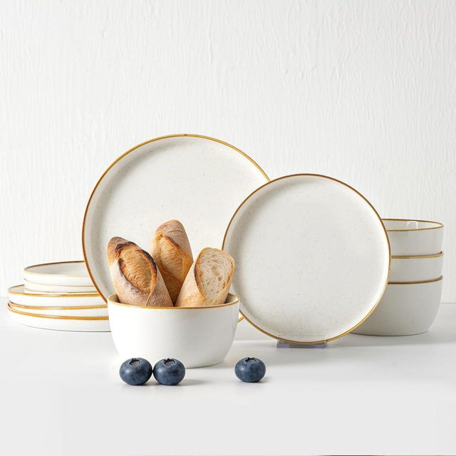 Yachi Plates and Bowls Sets, 12 Pieces Modern Style Porcelain Dinnerware Set for 4 Kitchen Dinner Set Ceramic Lightweight Dishware Dishes Set Microwave and Dishwasher Safe,White Reactive Series