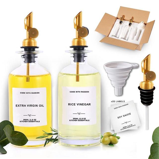 Oil and Vinegar Dispenser with Gold Metal Pour Spout, Measuring Weighted Oil Pourer for Kitchen, Clear Glass Olive Oil Cruet, Funnel, Stickers, Acid Resistant Straw | Set of 2 Bottles 350ml 11.8oz