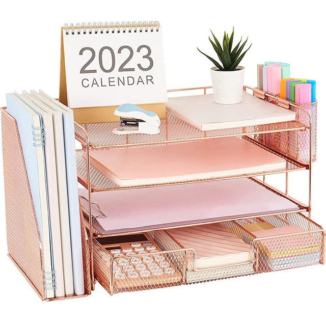 gianotter Paper Letter Tray Organizer with File Holder, 4-Tier Desk Accessories & Workspace Organizers with Drawer and 2 Pen Holder, Desk Organizers and Accessories for Office Supplies (Rose Gold)