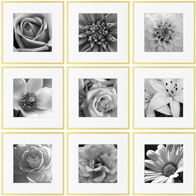 eletecpro 12x12 Aluminum Picture Frames Set of 9 Minimalist Gallery Wall Frame Set Display 8x8 Photo with Mat or 12x12 No Mat, Sleek and Elegant Collage Frames for Wall Decor, Gold