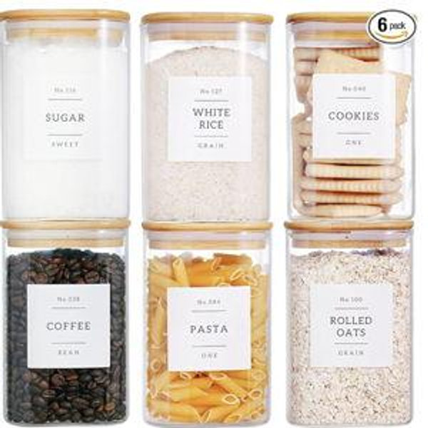 6 Pack Square Kitchen Storage Jars with Airtight Bamboo Lids and 132 Pantry Labels - 35oz Glass Canisters With Wood Lids - Food Storage Containers for Coffee, Cookie, Tea, Spice