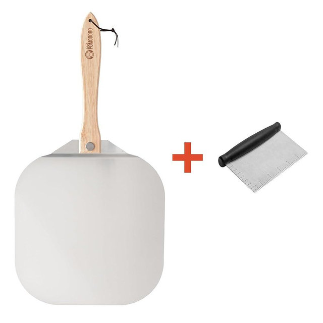 Chef Pomodoro Bundle - 16 inch Aluminum Metal Pizza Peel with Foldable Wood Handle for Easy Storage, Pizza Spatula and Bench Scraper for Baking, Dough Scraper, 6-Inch Kitchen Scraper Tool