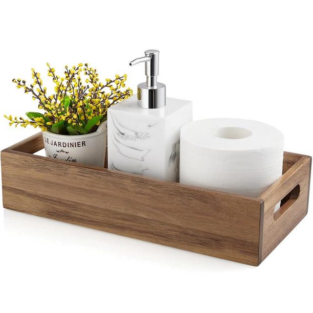 ALELION Bathroom Basket for Storage - Acacia Wood Toilet Paper Basket with Handle for Organizing - Back of Toilet Storage Organizer for Bathroom Tank Topper Counter - Farmhouse Bathroom Decor Box