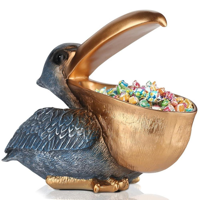PlivBloom Pelican Key Holder Statues,Fun Animal Hippo Candy Dish,Candy Dish for Office Desk Unique,Modern Key Holder for Pelican Figurine,Suitability Desk candy bowl and Entry Table Decor Items(Gold1)